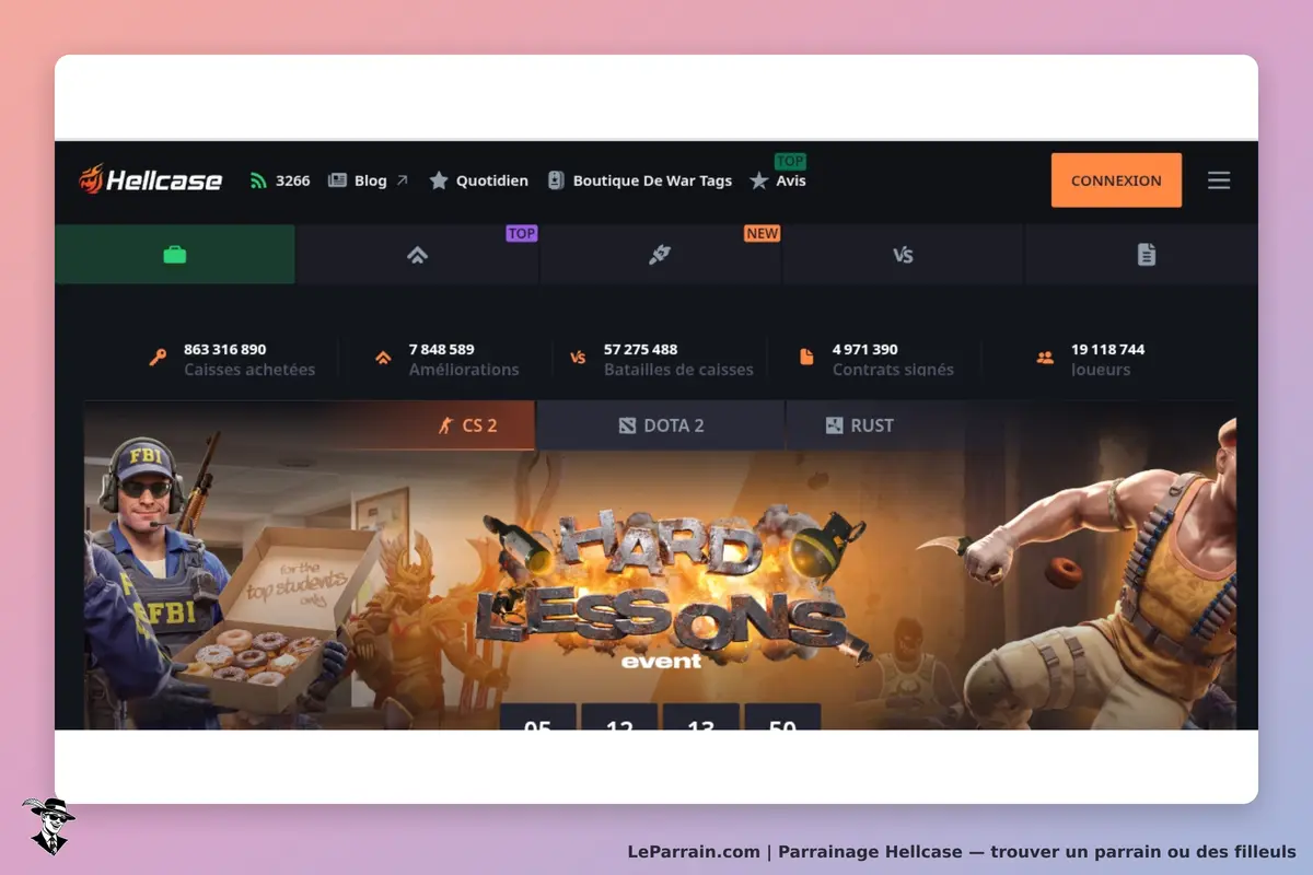 Hellcase : page d'accueil avec des statistiques et un événement "HARD LESSONS" affiché