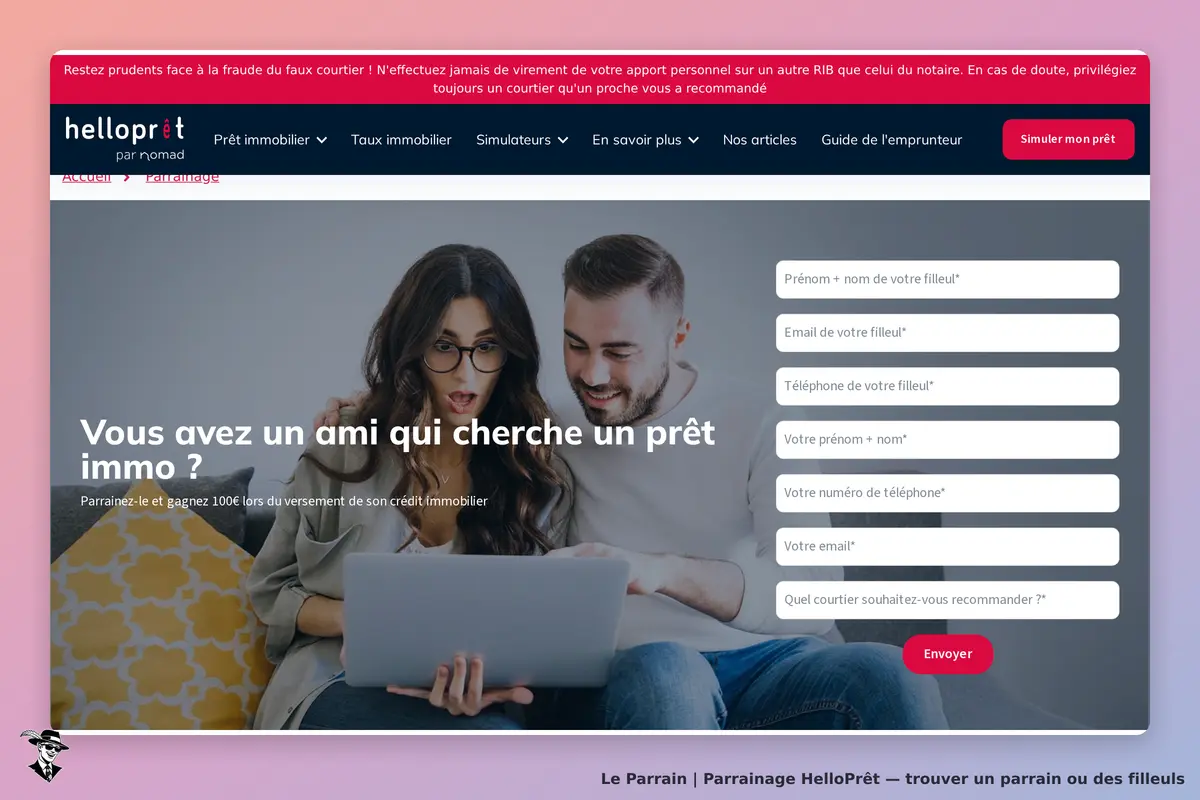 HelloPrêt : page d'accueil avec un formulaire de parrainage et une image de deux personnes