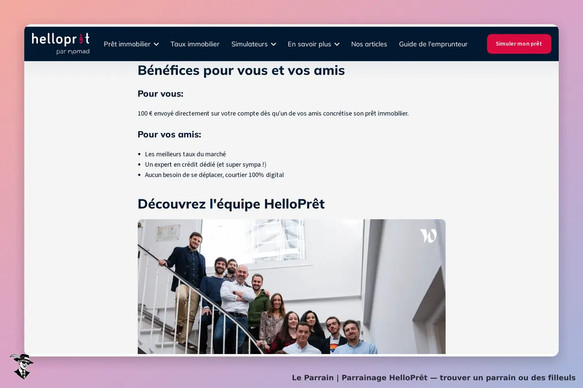 HelloPrêt : page présentant les bénéfices pour les utilisateurs et leurs amis, équipe en photo