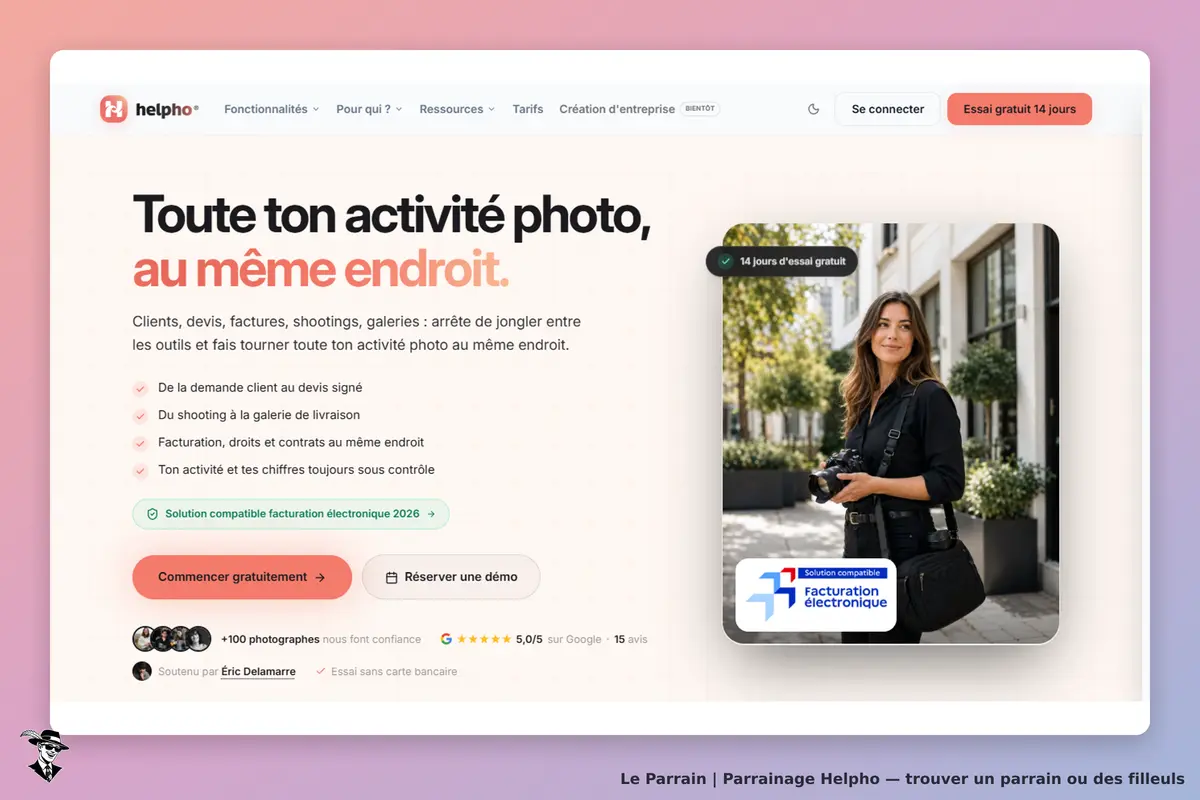 Helpho : page d'accueil présentant des services pour photographes avec un essai gratuit de 14 jours