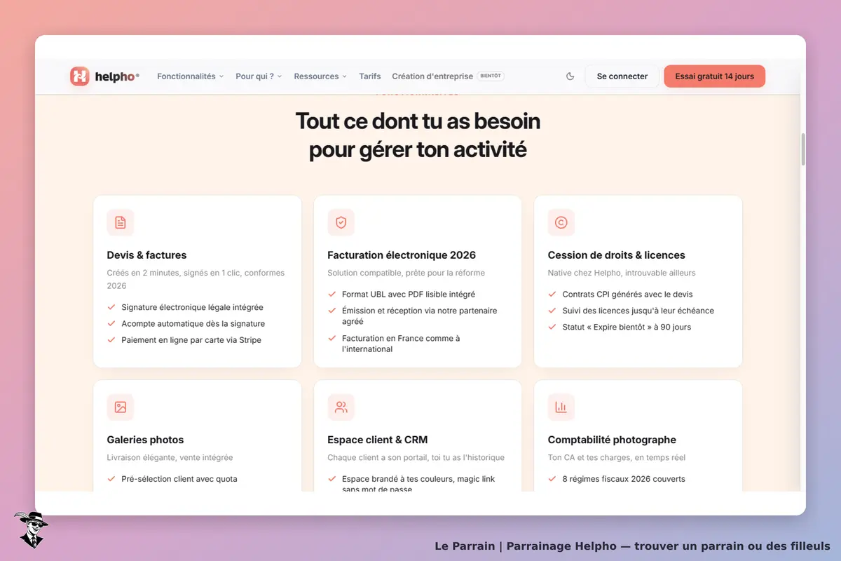 Helpho : page d'accueil présentant divers services pour gérer une activité professionnelle