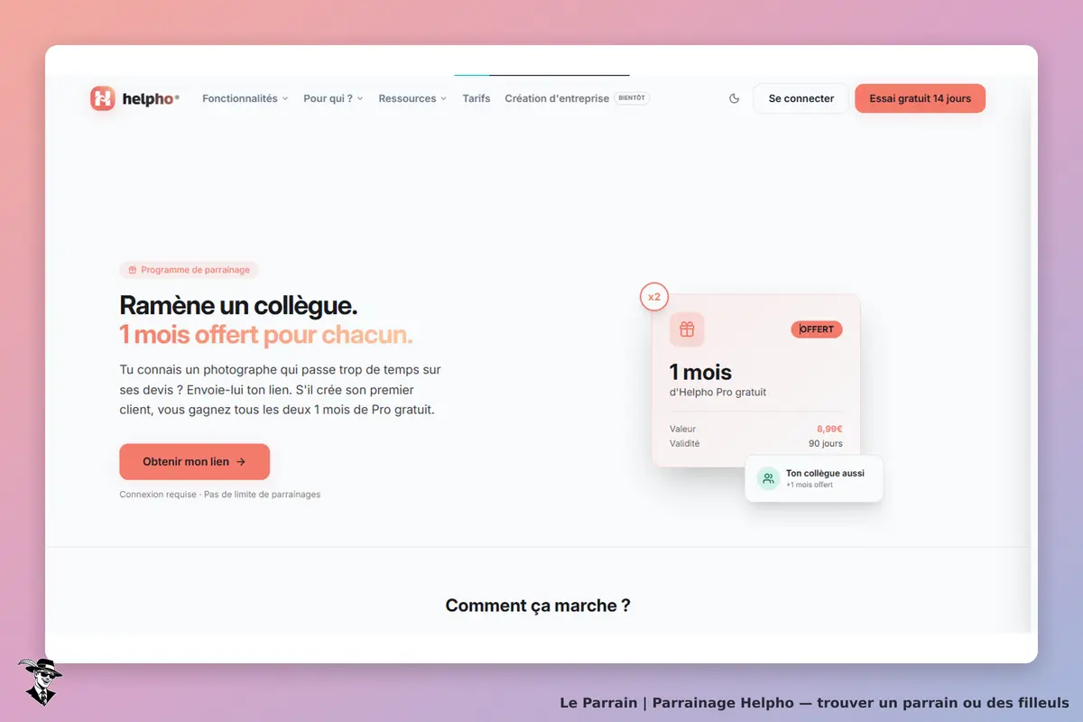 Helpho : page d'accueil avec programme de parrainage et offre d'un mois gratuit