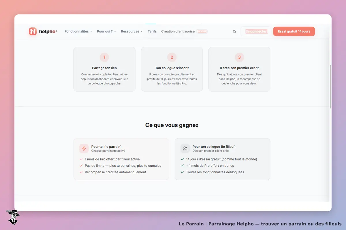 Helpho : page d'accueil avec étapes de parrainage et avantages pour le parrain et le filleul