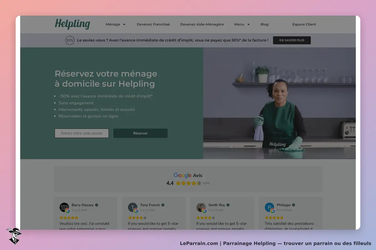 Helpling : page d'accueil avec réservation de ménage et avis clients affichés