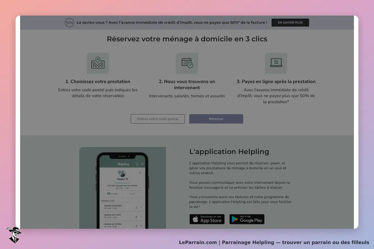 Helpling : page d'accueil avec étapes pour réserver un ménage à domicile et application mobile