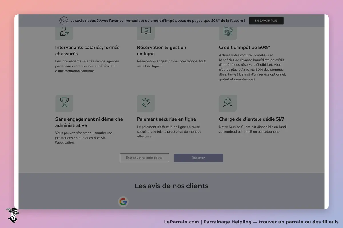 Helpling : page d'accueil présentant les services et options de réservation en ligne