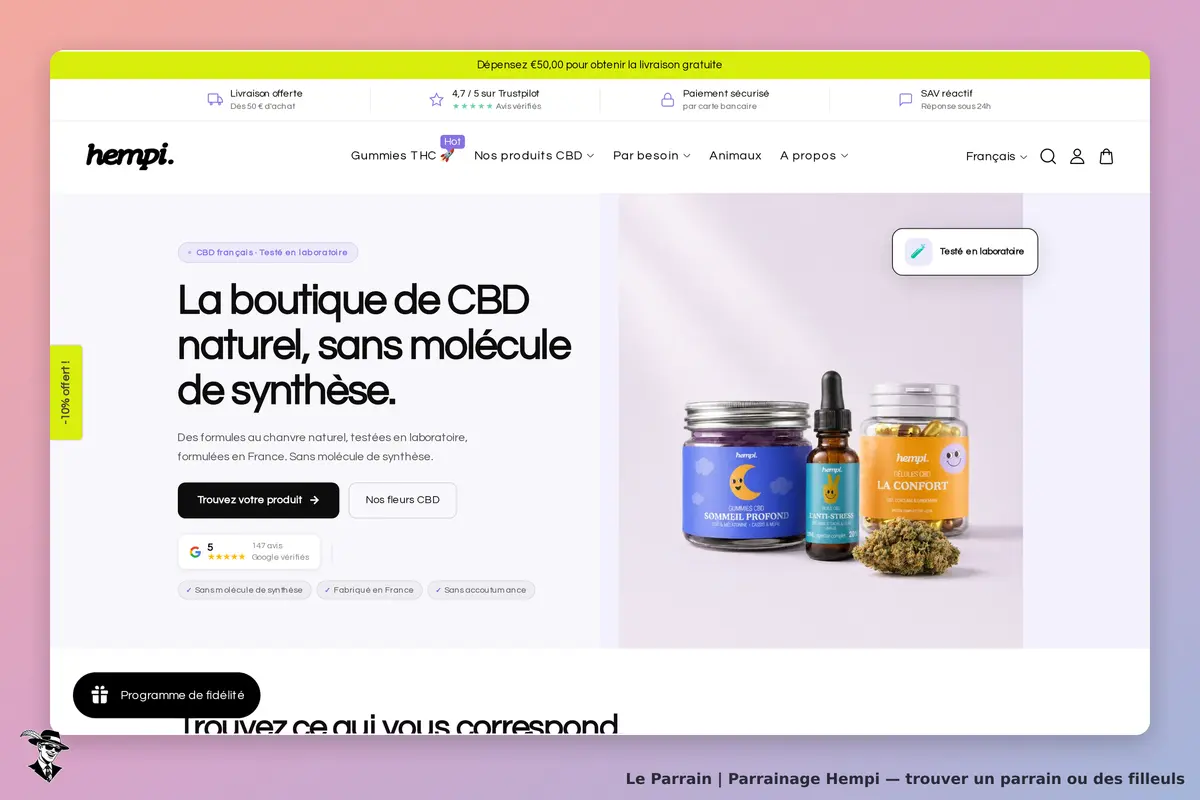 Hempi : page d'accueil présentant des produits CBD et un texte sur la boutique de CBD naturel