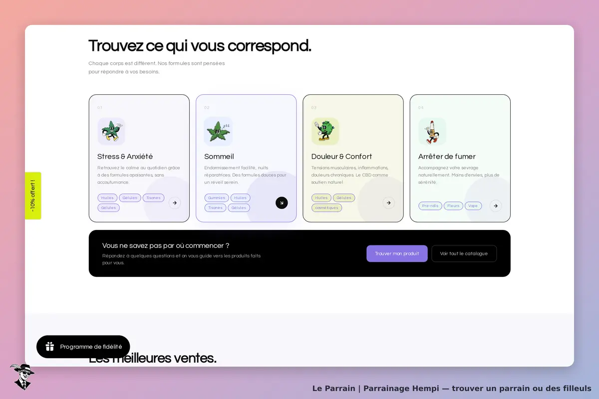 Hempi : page d'accueil présentant des solutions pour le stress, le sommeil et l'arrêt du tabac