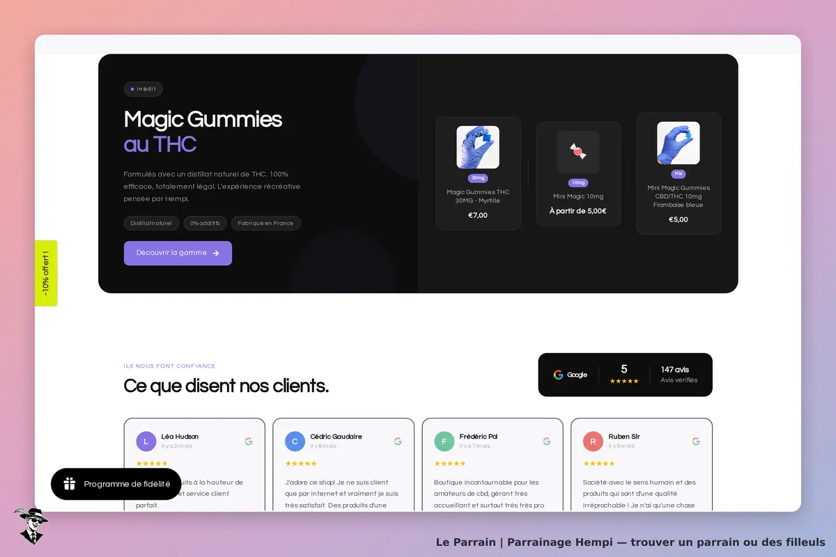 Hempi : page d'accueil présentant des gummies au THC et des avis clients