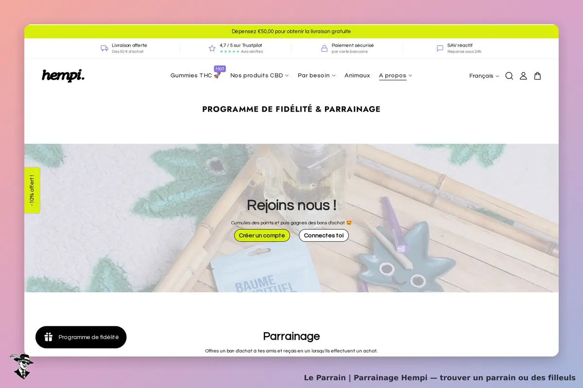 hempi : page d'accueil avec programme de fidélité et parrainage, boutons pour créer un compte