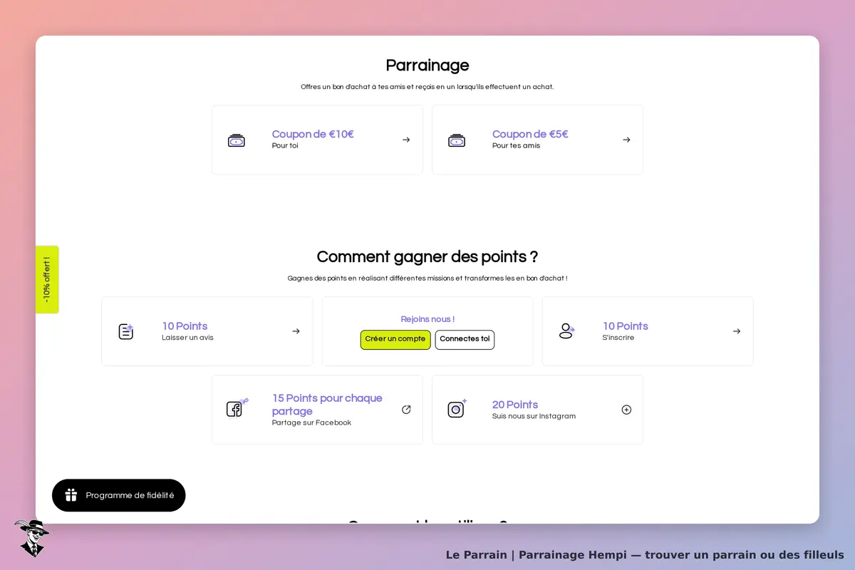 Hempi : section de parrainage avec coupons et moyens de gagner des points