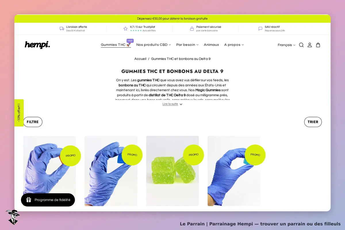 hempi : page de catégorie avec gummies THC en promotion, affichés dans des mains gantées