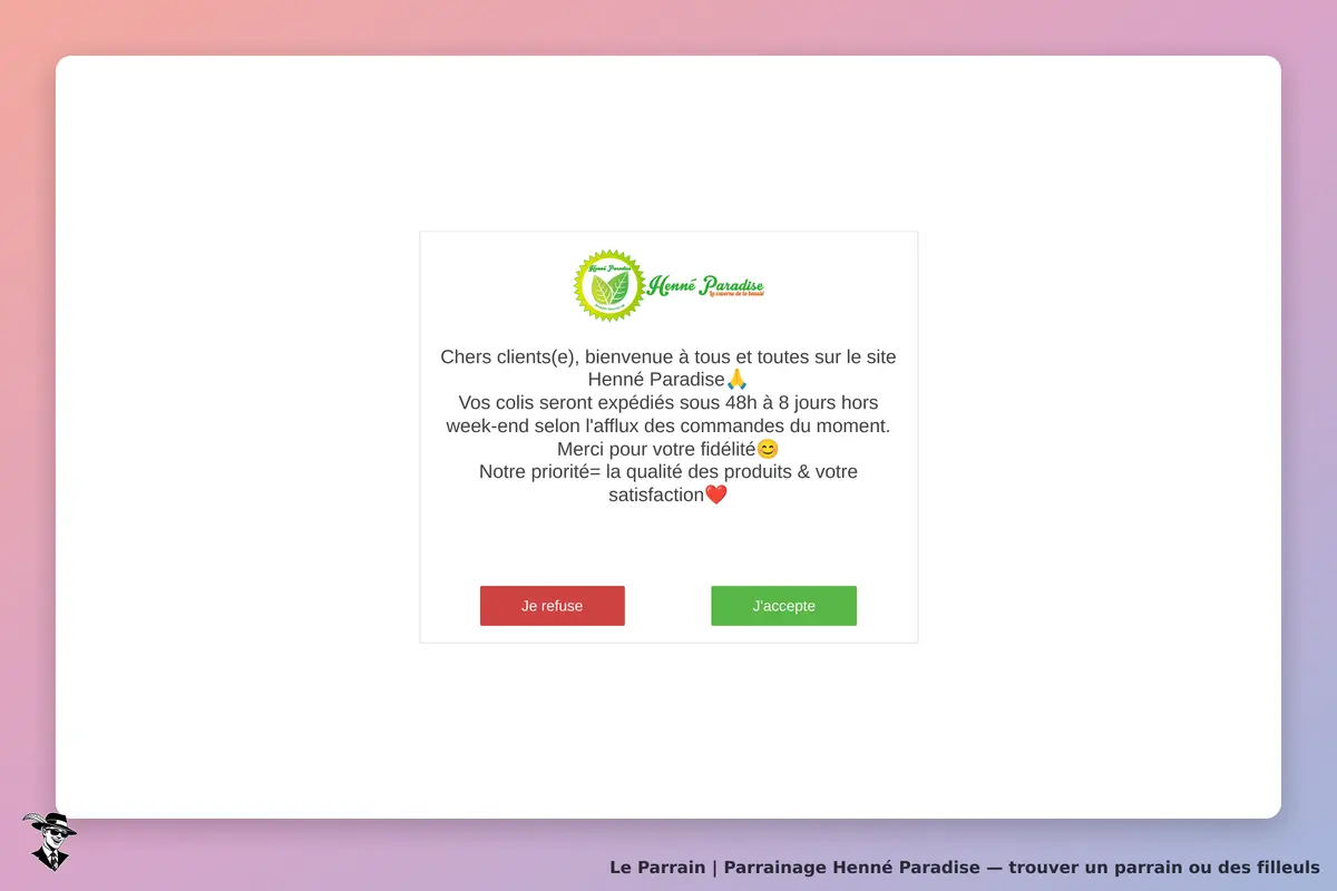 Henné Paradise : message d'accueil avec options d'acceptation ou de refus des cookies