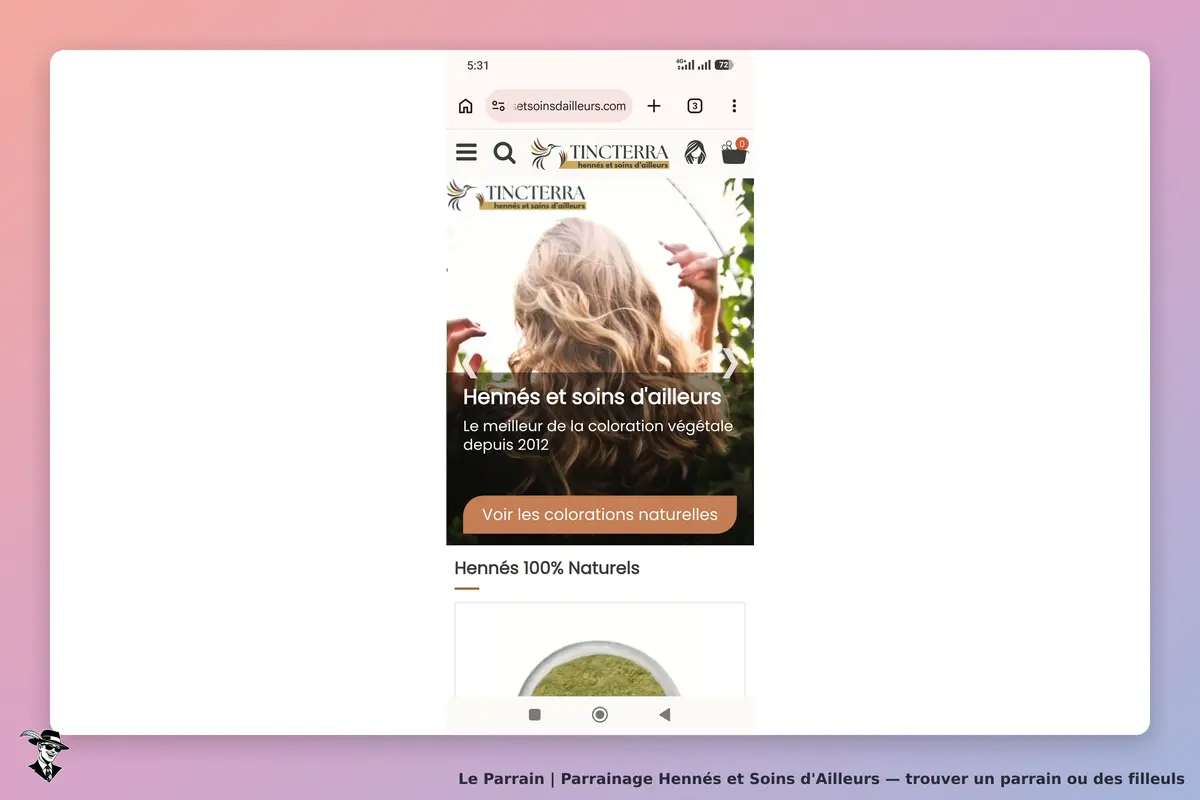 Hennés et Soins d'Ailleurs : page d'accueil avec une femme aux cheveux bouclés et un message