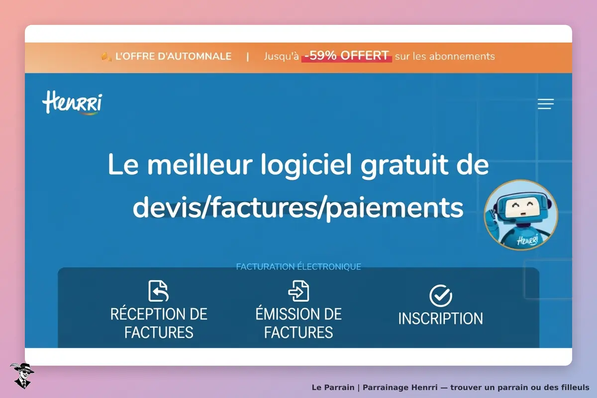 Henrri : page d'accueil présentant un logiciel de devis, factures et paiements avec options