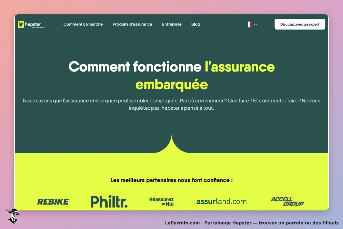 Hepster : page d'accueil présentant l'assurance embarquée et ses partenaires de confiance
