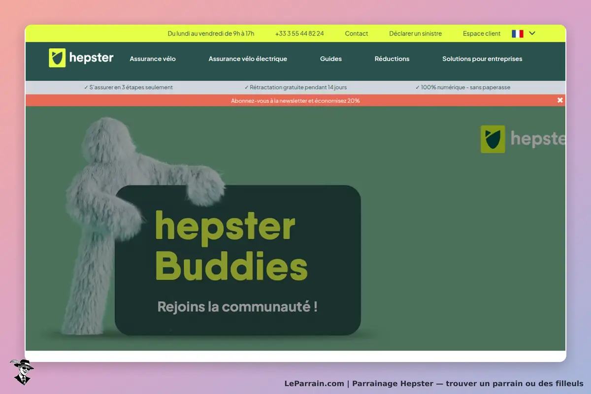 Hepster : mascotte avec panneau "hepster Buddies" sur fond vert, invitation à rejoindre la