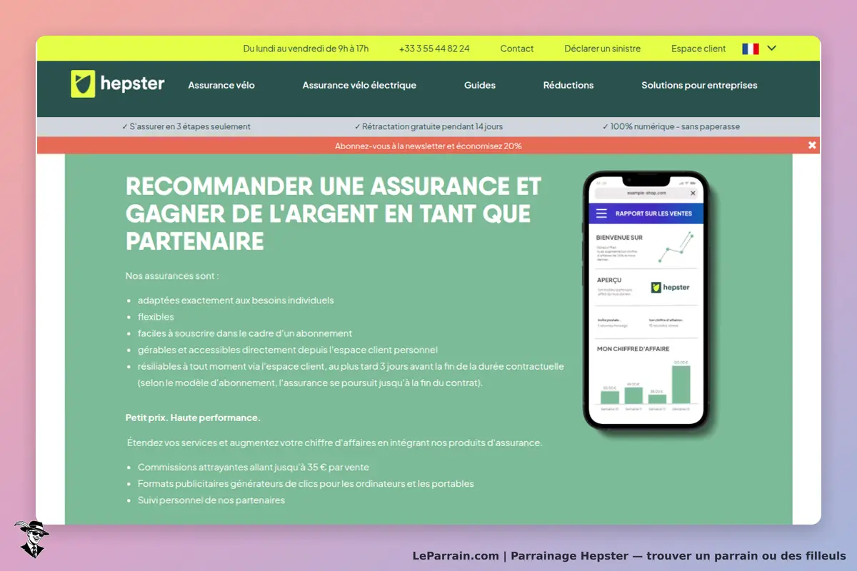 Hepster : page d'accueil présentant des services d'assurance et un rapport sur les ventes
