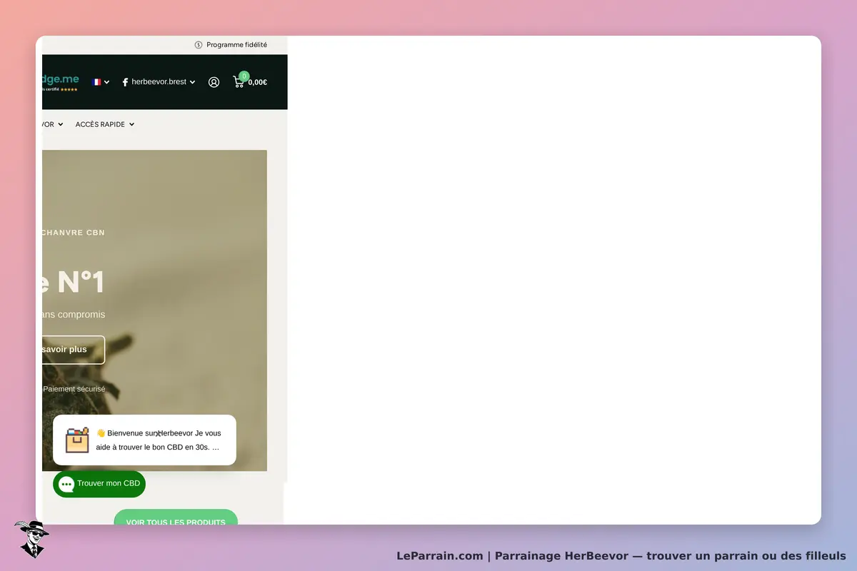HerBeevor : page d'accueil avec un message de bienvenue et une image de produit en arrière-plan