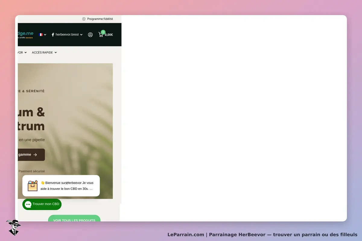 HerBeevor : page d'accueil avec un produit et un message de bienvenue en bas à gauche