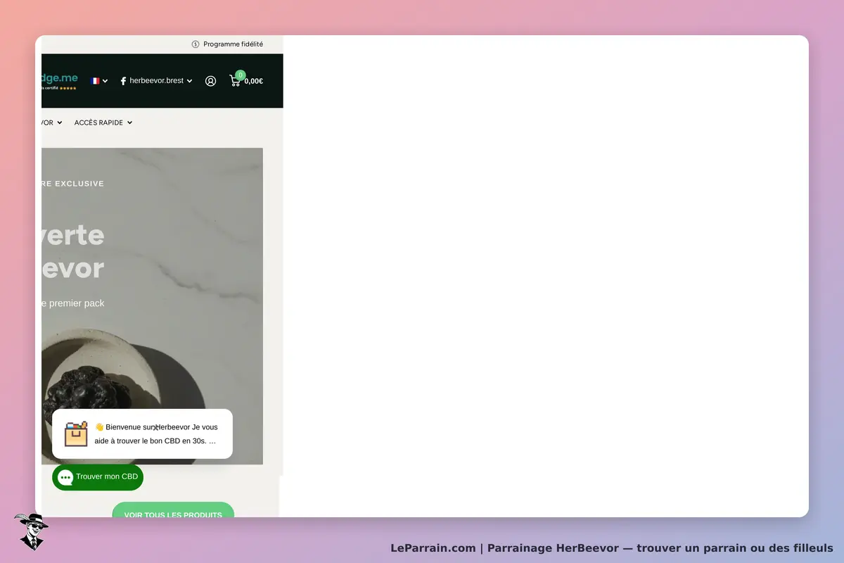 HerBeevor : page d'accueil avec un produit en avant-plan et un message de bienvenue