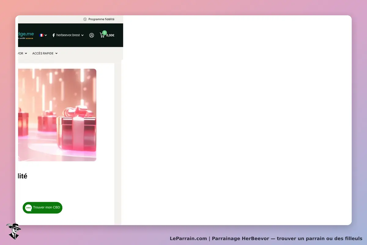 HerBeevor : page d'accueil avec des cadeaux illuminés et un bouton pour trouver du CBD