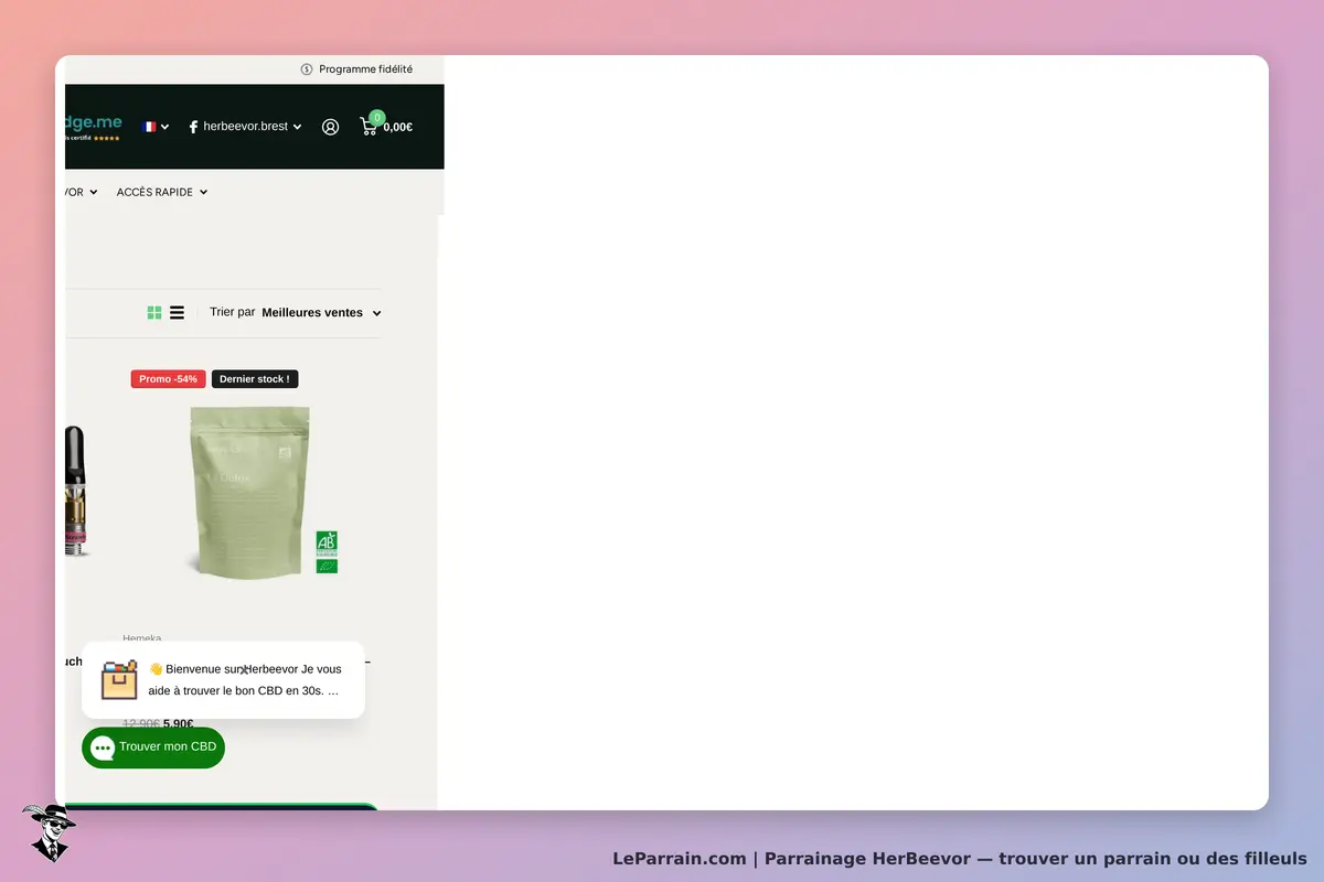 HerBeevor : page d'accueil avec un produit en promotion et un message de bienvenue
