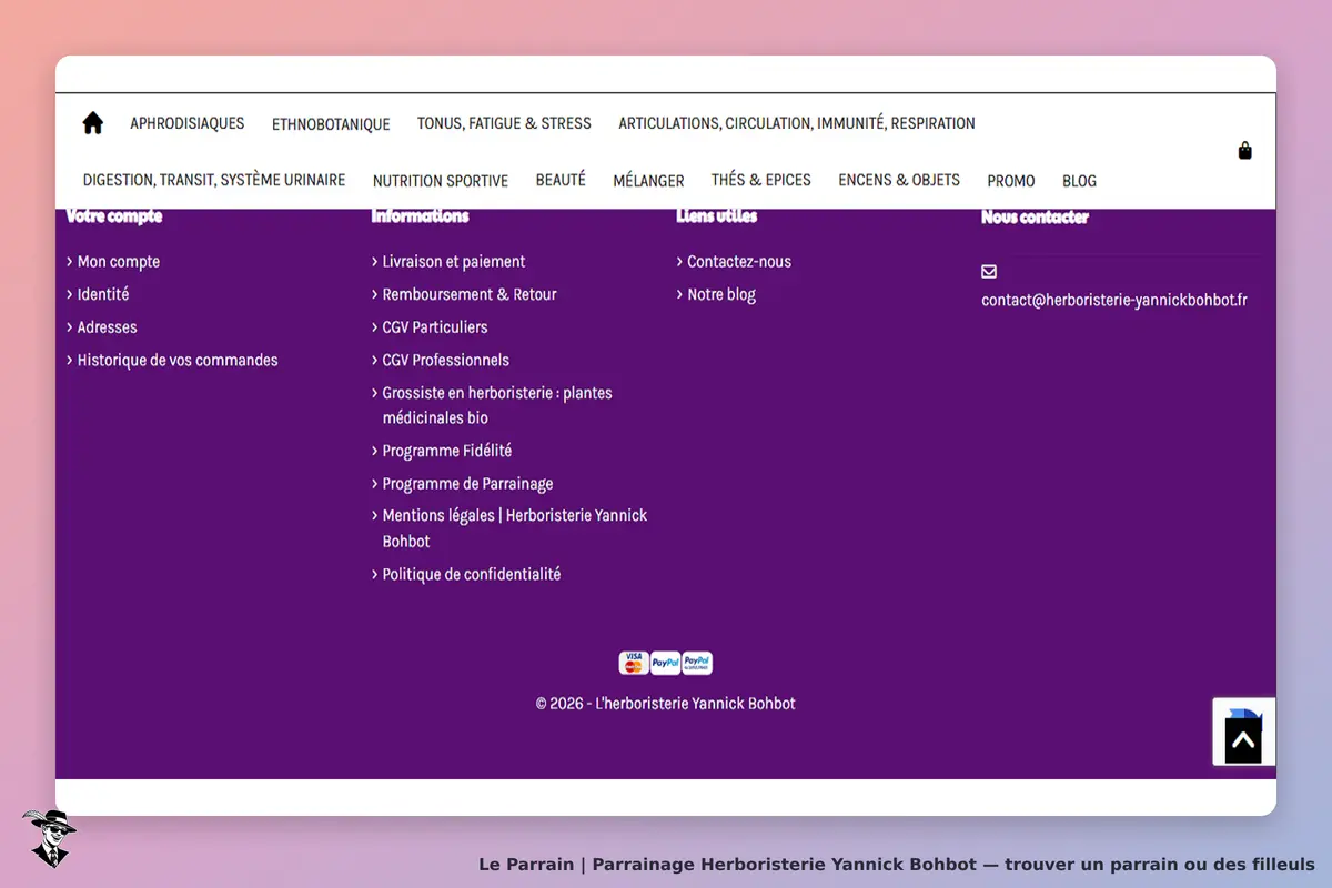 Herboristerie Yannick Bohbot : menu de navigation avec catégories et informations sur le site