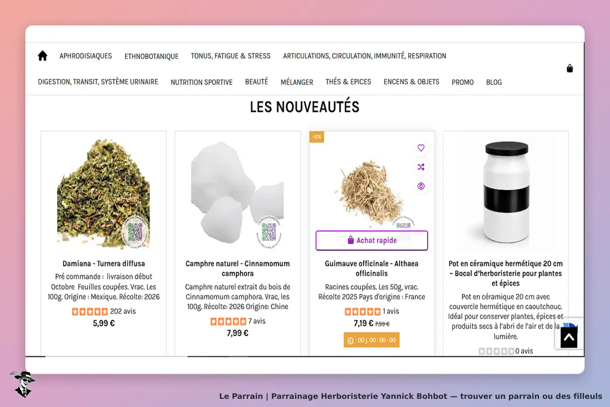 Herboristerie Yannick Bohbot : affichage des nouveautés avec plusieurs produits et leurs