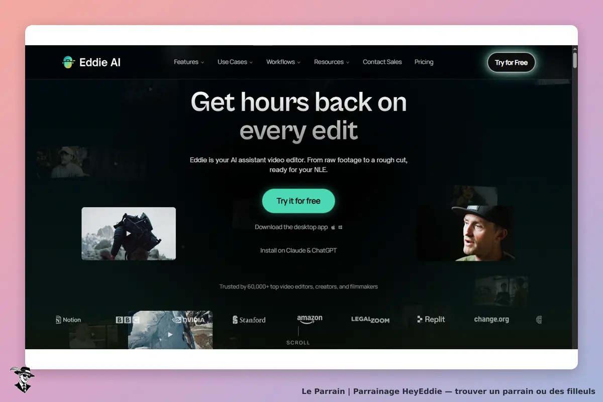 HeyEddie : page d'accueil présentant Eddie, assistant vidéo avec un bouton d'essai gratuit