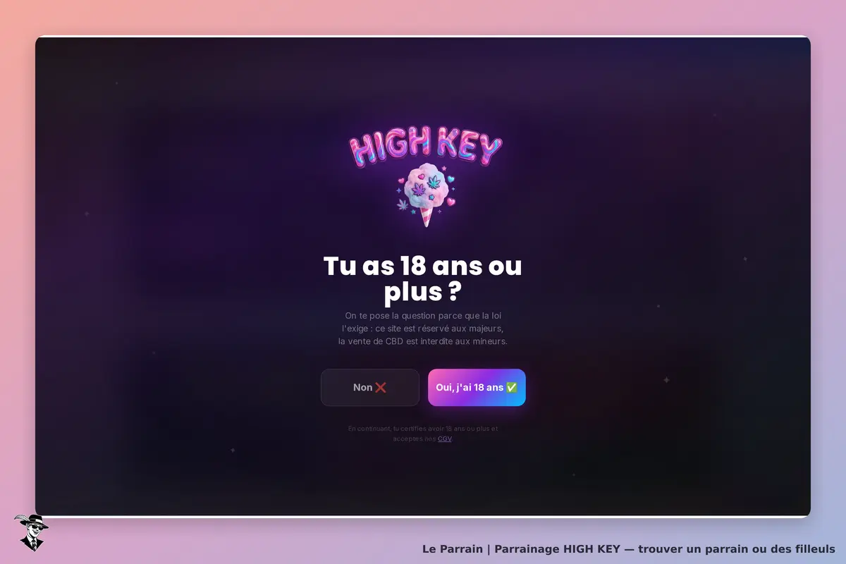 HIGH KEY : écran d'accueil avec question sur l'âge et boutons de réponse