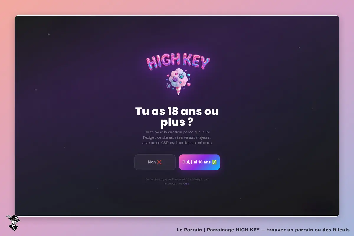 HIGH KEY : formulaire de vérification d'âge avec options "Oui" et "Non" sur fond sombre