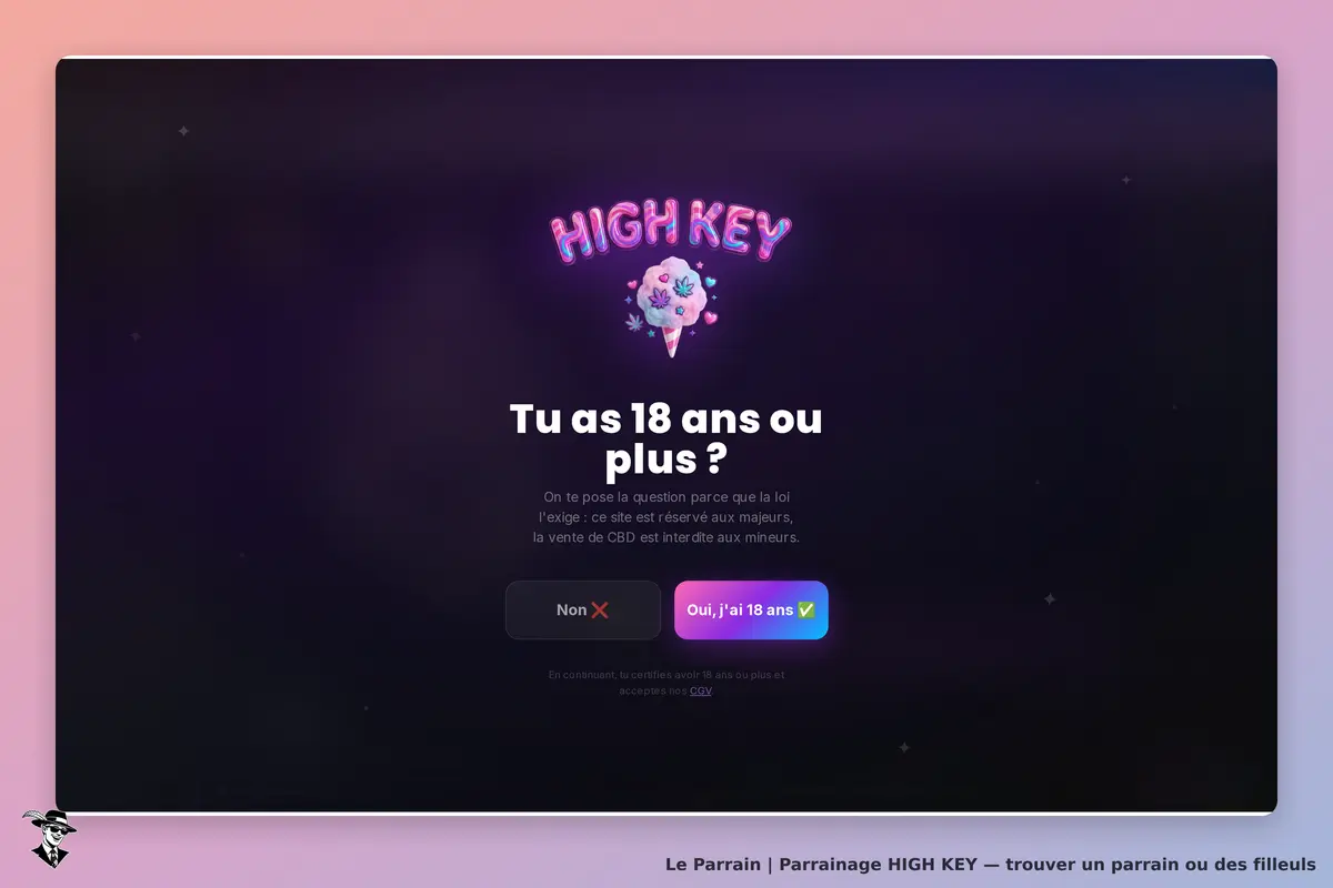HIGH KEY : écran d'accueil avec question sur l'âge et boutons de réponse. Fond coloré et graphique