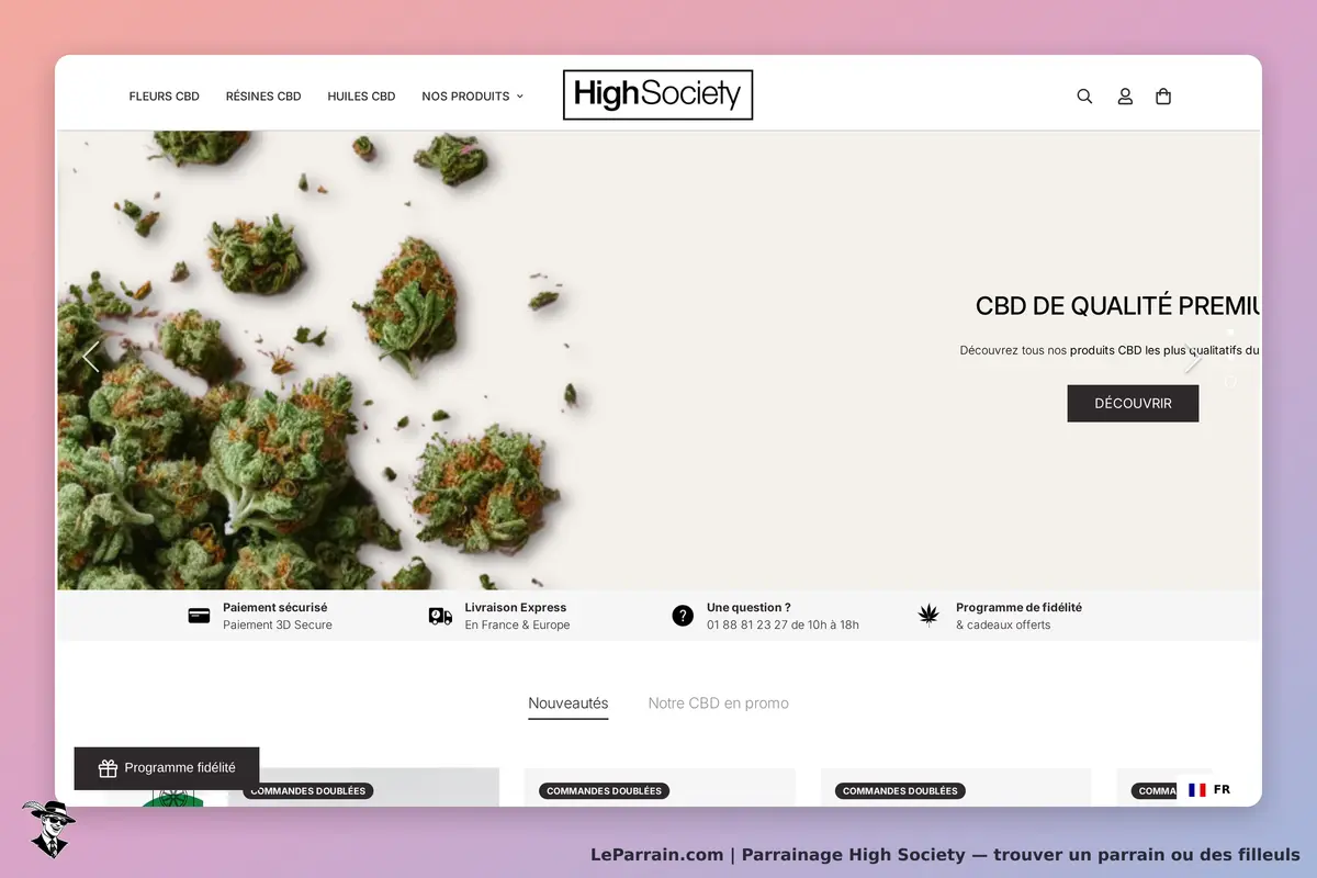 High Society : page d'accueil avec fleurs de CBD et options de navigation en haut