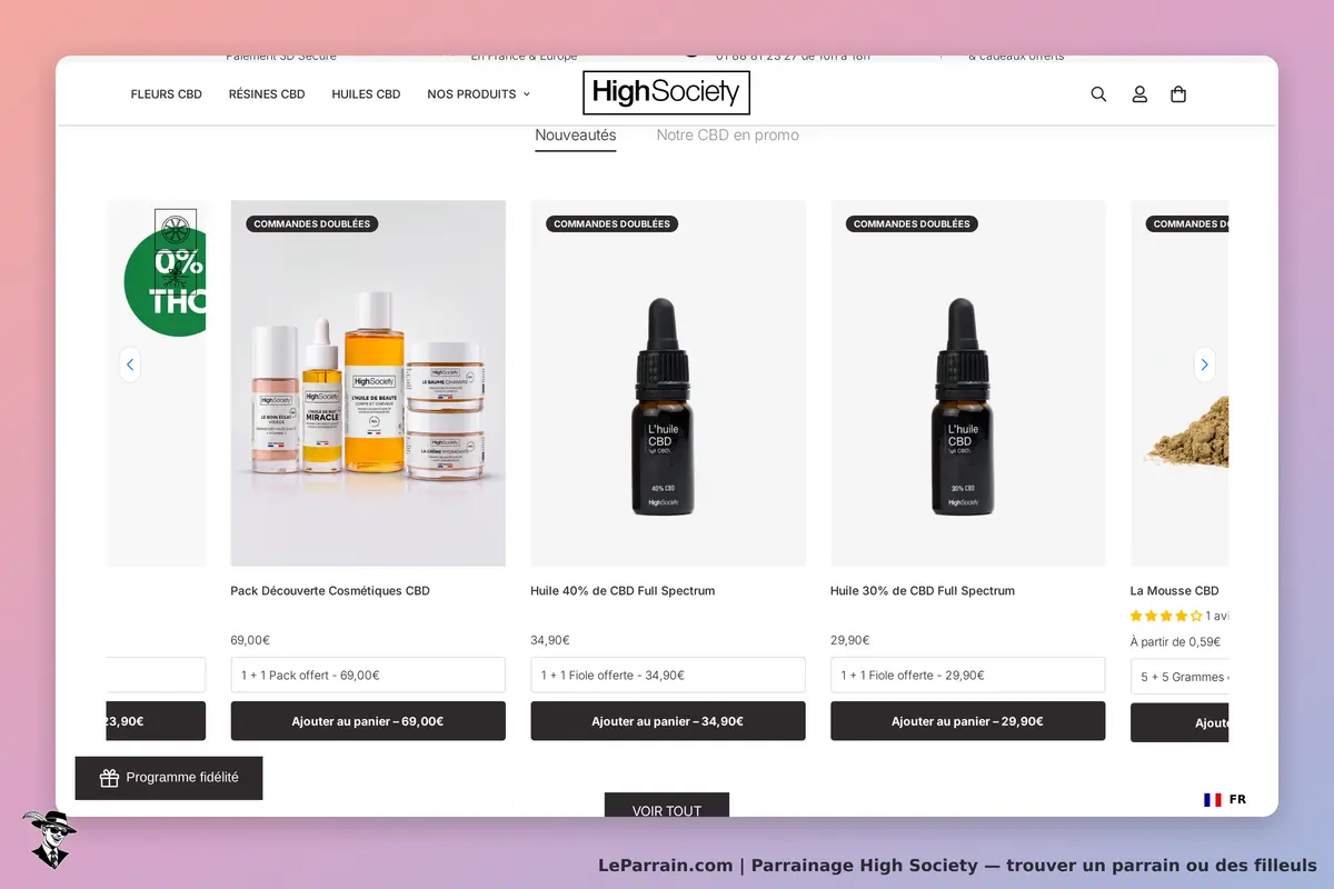 High Society : page d'accueil affichant des produits cosmétiques et huiles CBD