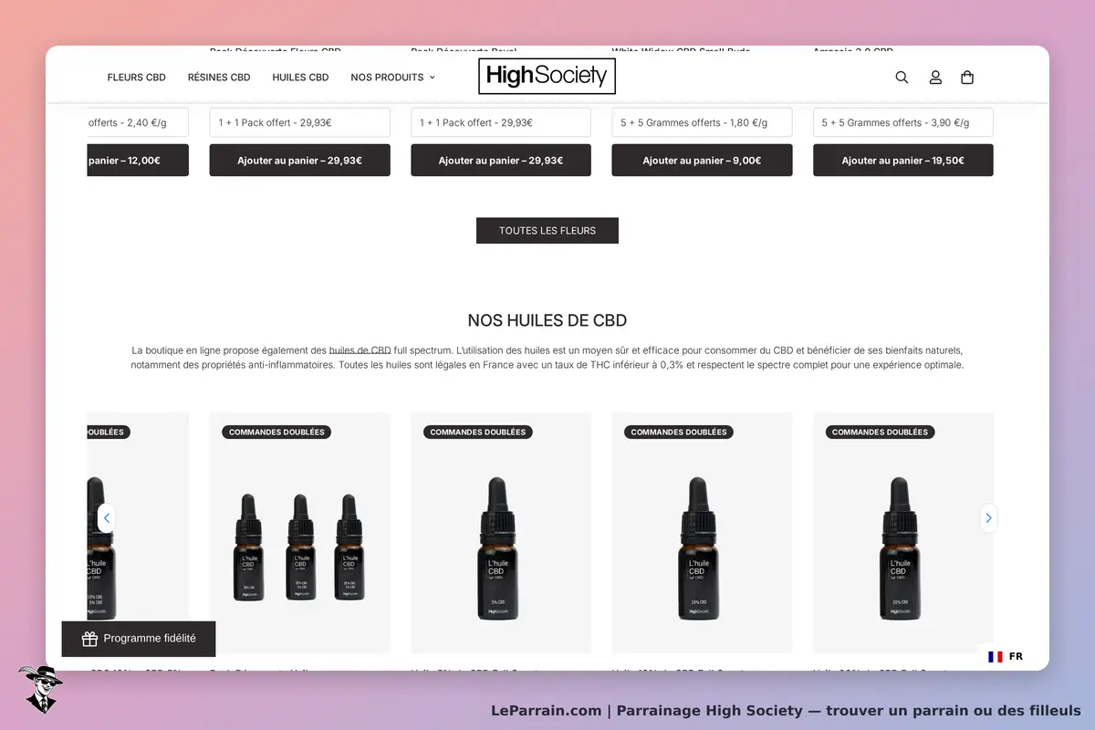 High Society : page d'accueil avec huiles de CBD et options d'ajout au panier