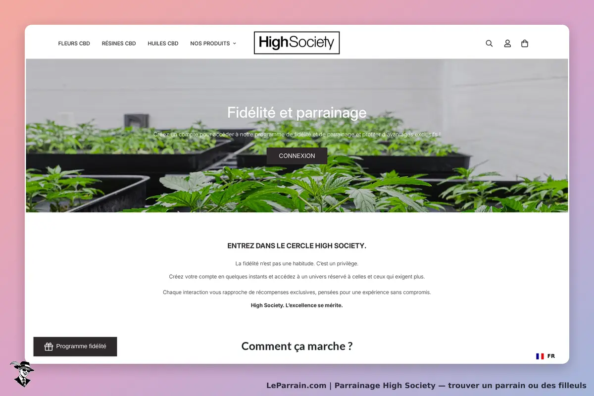 High Society : page d'accueil avec des plants de cannabis en pots et informations sur le parrainage