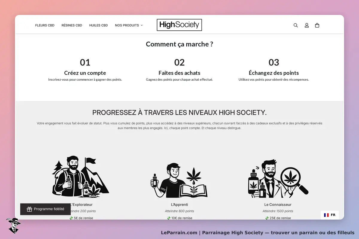 High Society : présentation des étapes pour gagner des points et niveaux de fidélité