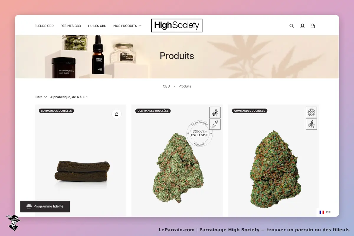 High Society : page des produits avec fleurs et résines CBD affichées