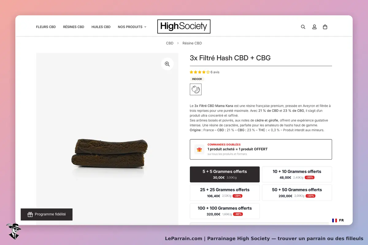 High Society : présentation d'un produit résine CBD avec image et détails descriptifs