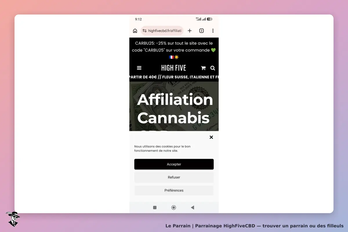 HighFiveCBD : page d'accueil avec un message sur l'affiliation et un formulaire de cookies