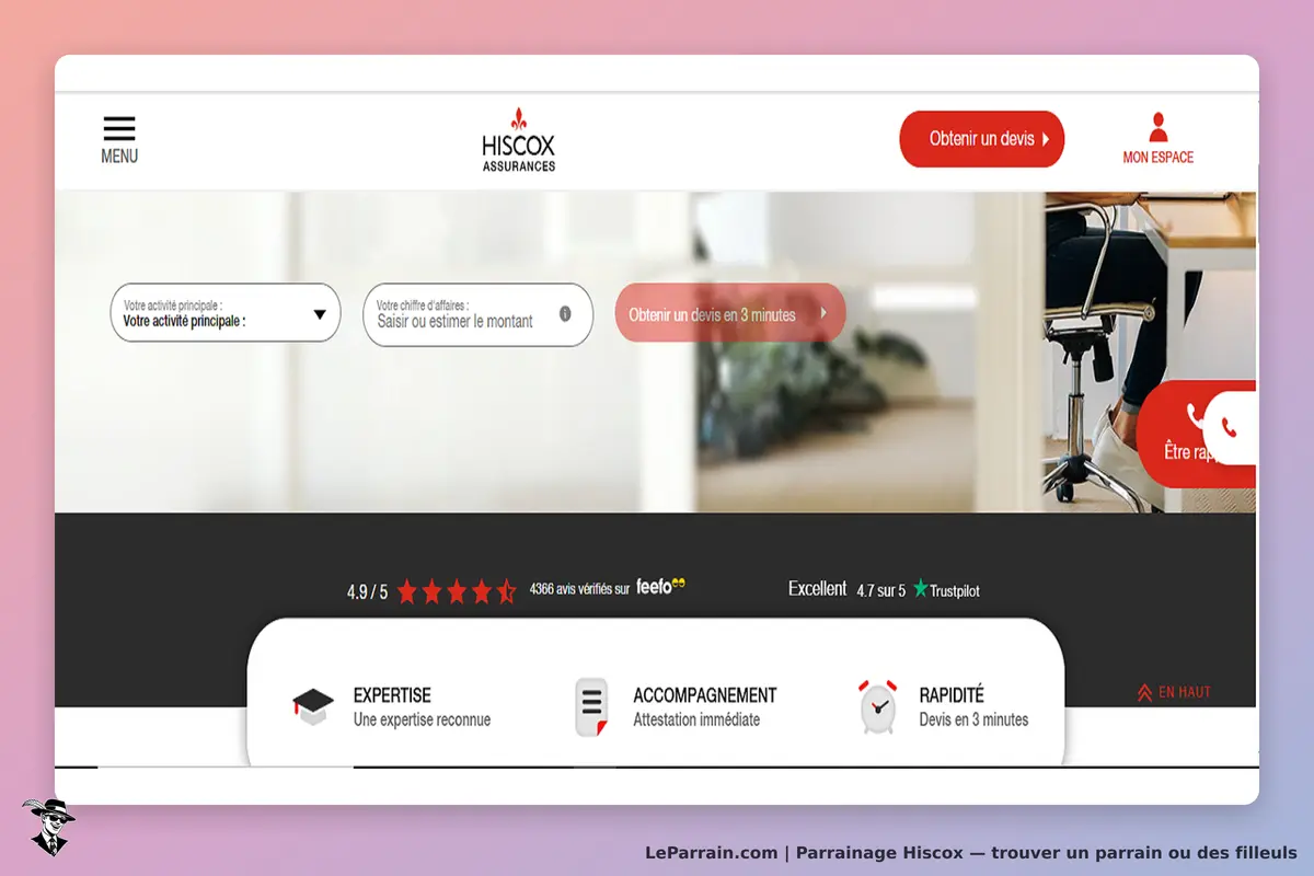Hiscox : page d'accueil avec formulaire pour obtenir un devis et avis clients en étoiles