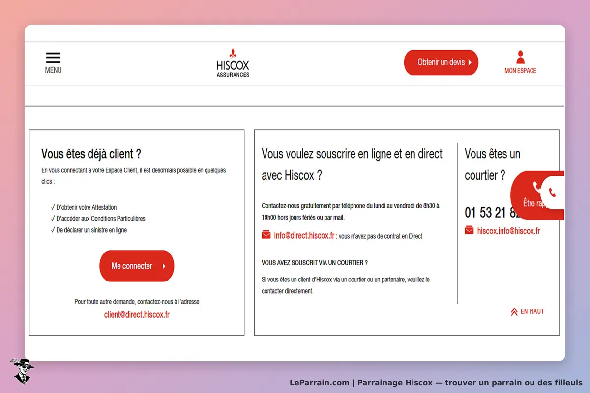 Hiscox : page d'accueil avec options pour clients et informations de contact
