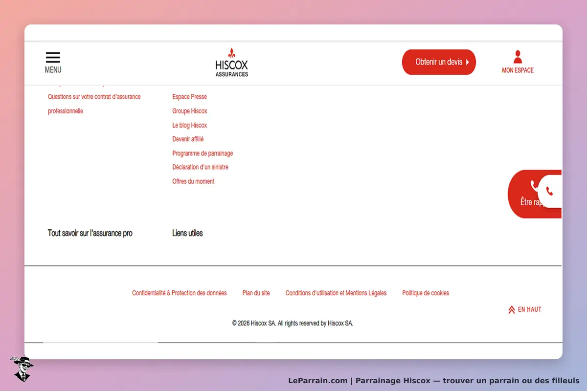 Hiscox : menu de navigation avec liens vers divers services et informations en bas de page