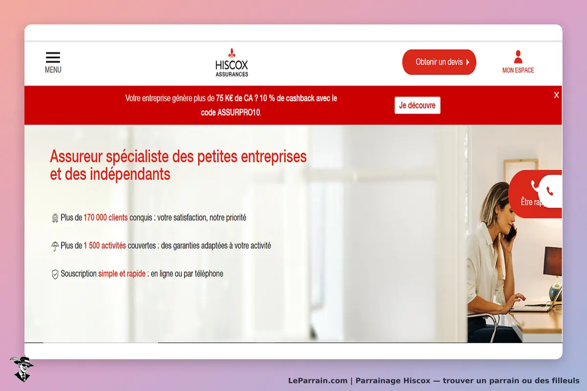 Hiscox : page d'accueil avec informations sur l'assurance pour petites entreprises et indépendants