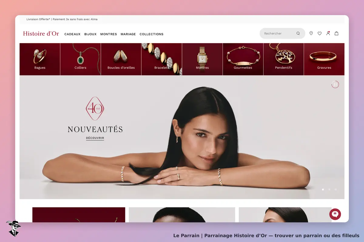 Histoire d’Or : page d'accueil avec bijoux et modèle présentant des nouveautés