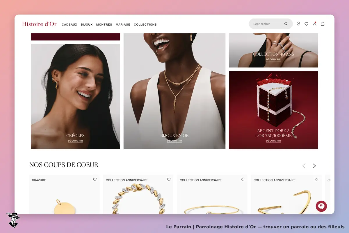 Histoire d’Or : page d'accueil avec modèles portant des bijoux et des options de collection