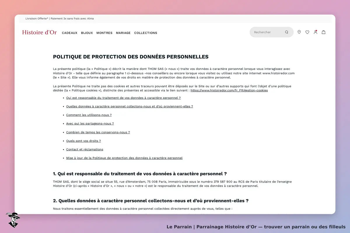 Histoire d’Or : politique de protection des données personnelles affichée sur le site