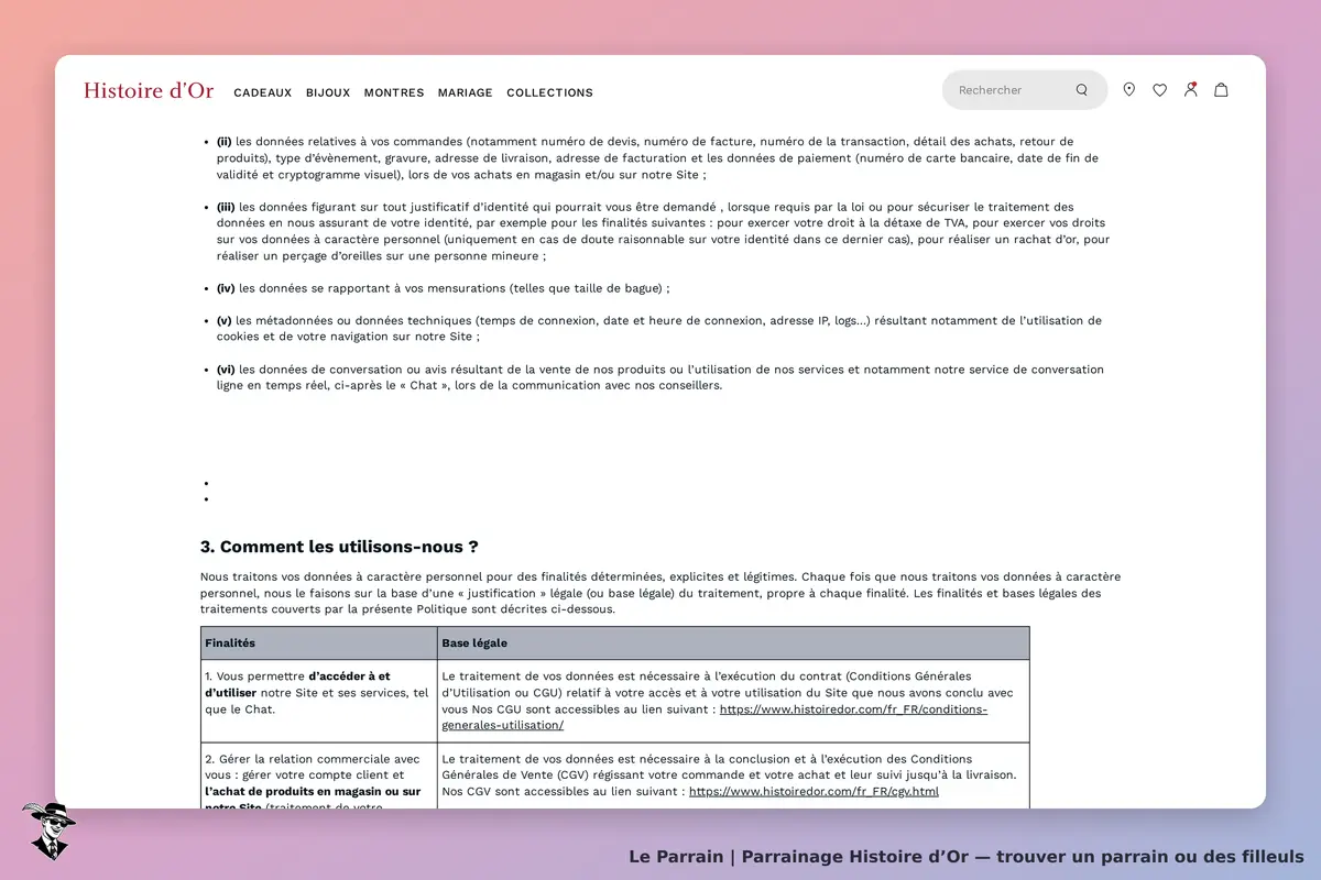 Histoire d’Or : texte explicatif sur l'utilisation des données personnelles et leur traitement