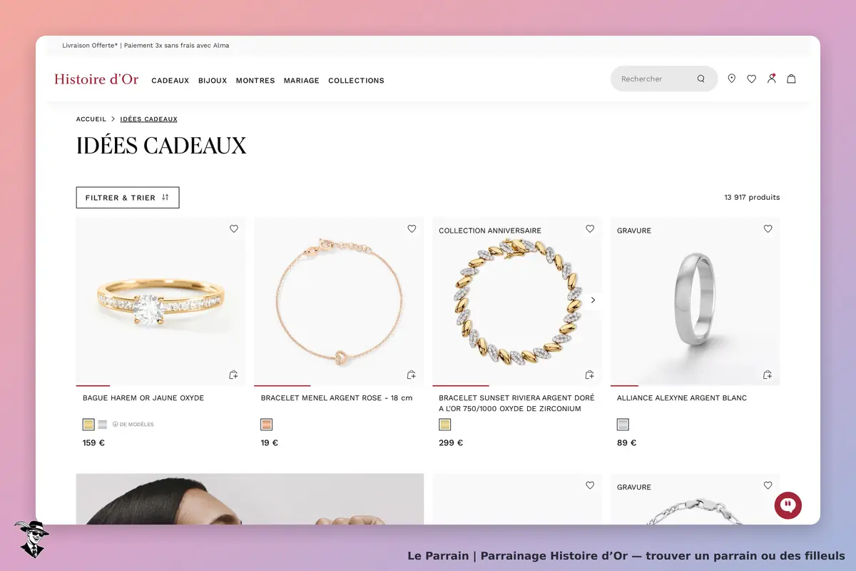 Histoire d’Or : page « Idées Cadeaux » avec divers bijoux affichés en vignettes